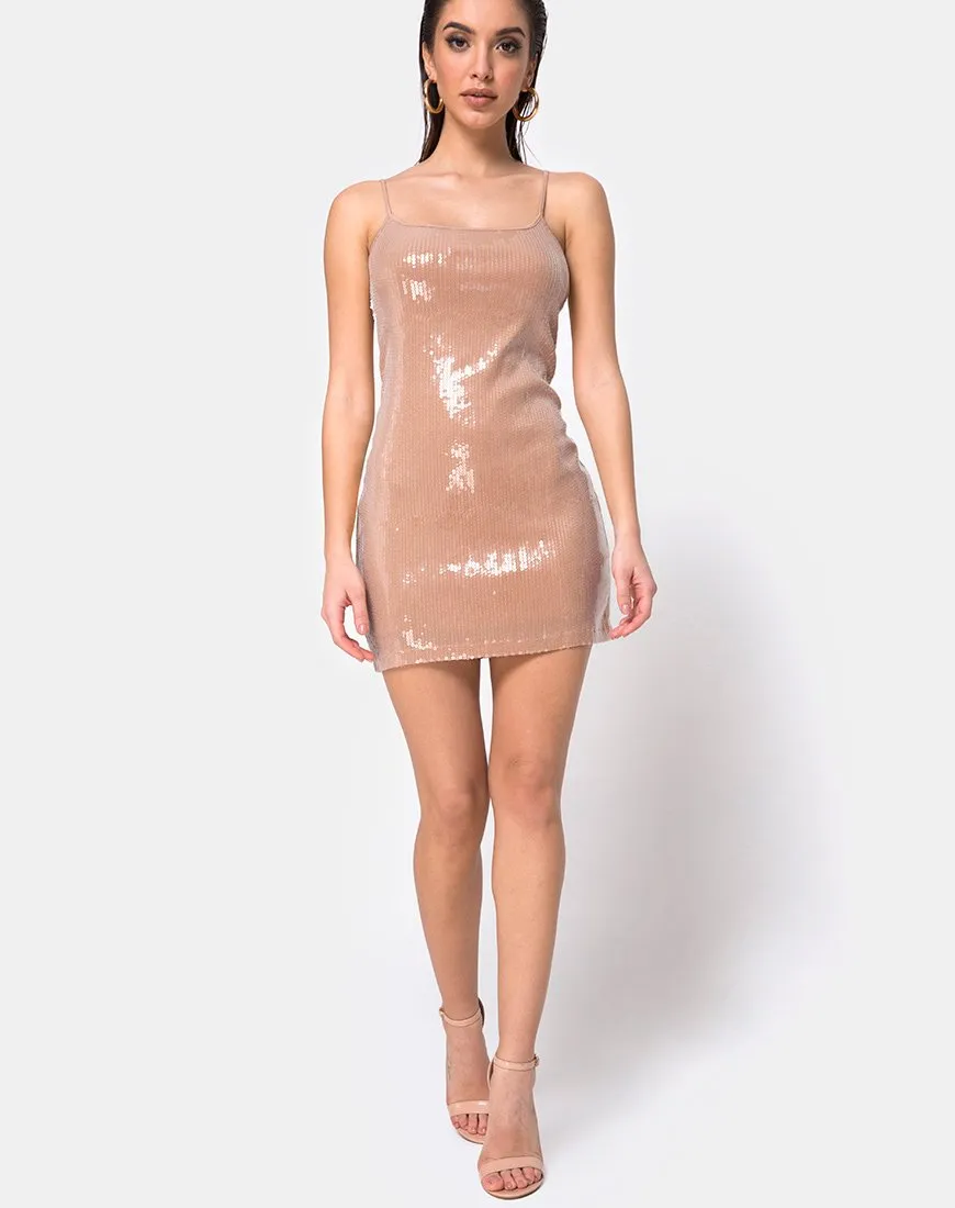 Selah Bodycon Dress in Camel with Clear Sequin