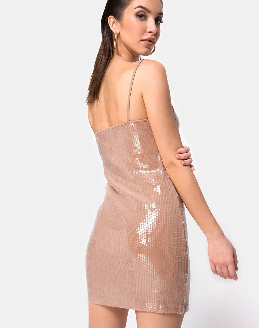 Selah Bodycon Dress in Camel with Clear Sequin