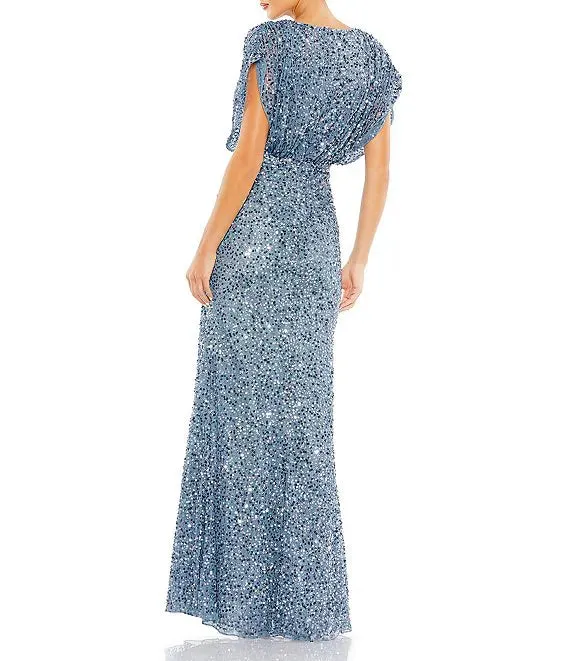 Sequin Surplice V-Neck Draped 3/4 Sleeve Blouson Bodice Sheath Gown Evening Dresses