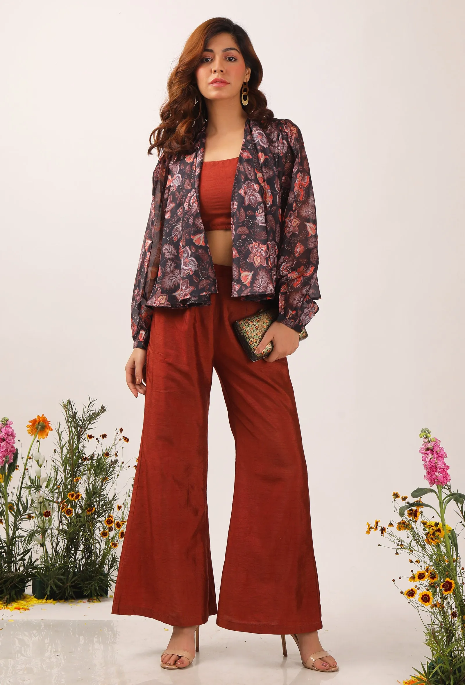 Set Of 3: Zoon Floral Chintz Front Open Shrug With Rust Strappy Blouse & Palazzo Pants