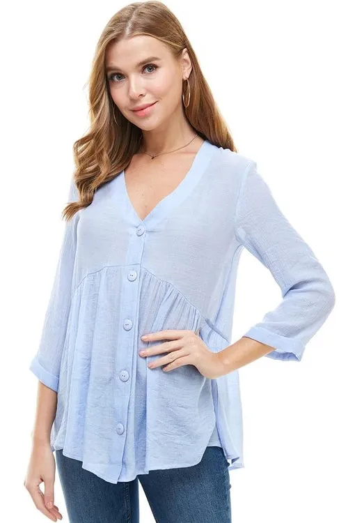 Solid Button Down 3/4 Sleeves Babydoll Blouse