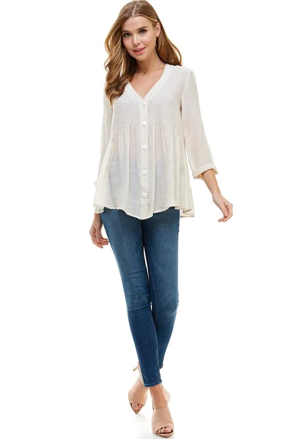 Solid Button Down 3/4 Sleeves Babydoll Blouse