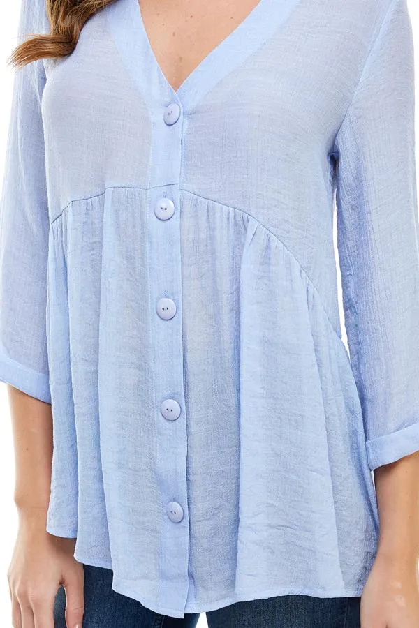 Solid Button Down 3/4 Sleeves Babydoll Blouse