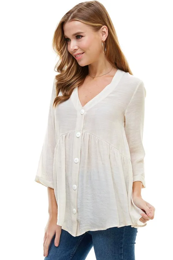 Solid Button Down 3/4 Sleeves Babydoll Blouse