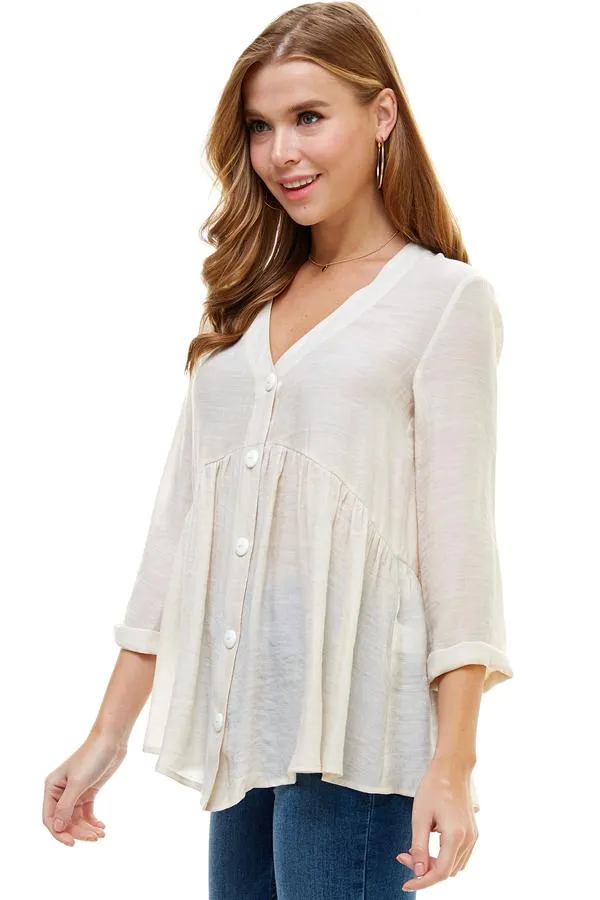 Solid Button Down 3/4 Sleeves Babydoll Blouse