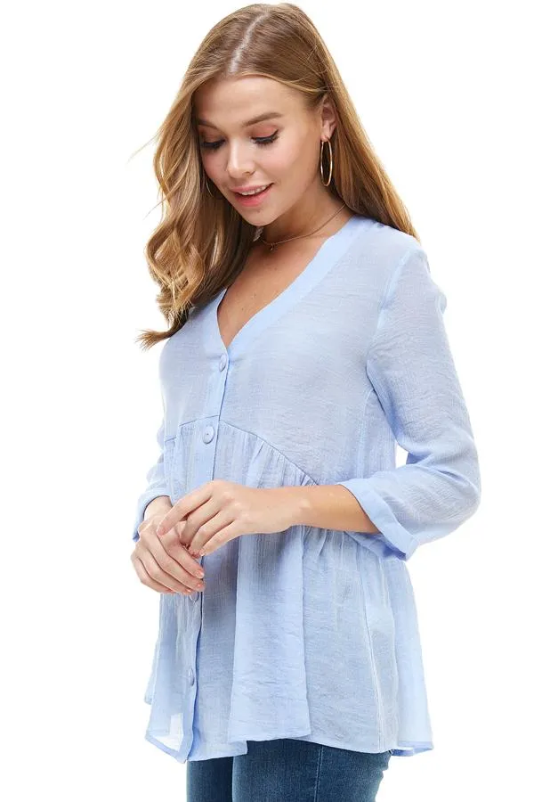 Solid Button Down 3/4 Sleeves Babydoll Blouse