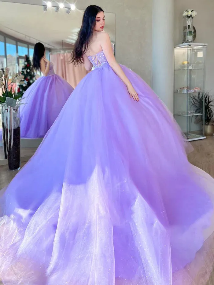 Sparkling Lilac Tulle Strapless Ball Gown Beaded Long Prom Quinceanera Dresses