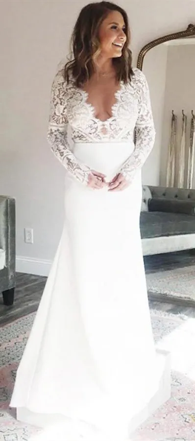 V-neck Long Mermaid Jersey Wedding Dresses, Long Sleeves Wedding Dresses, Long Wedding Dresses