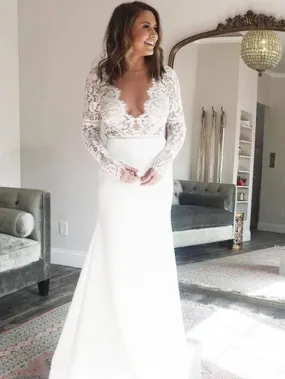 V-neck Long Mermaid Jersey Wedding Dresses, Long Sleeves Wedding Dresses, Long Wedding Dresses