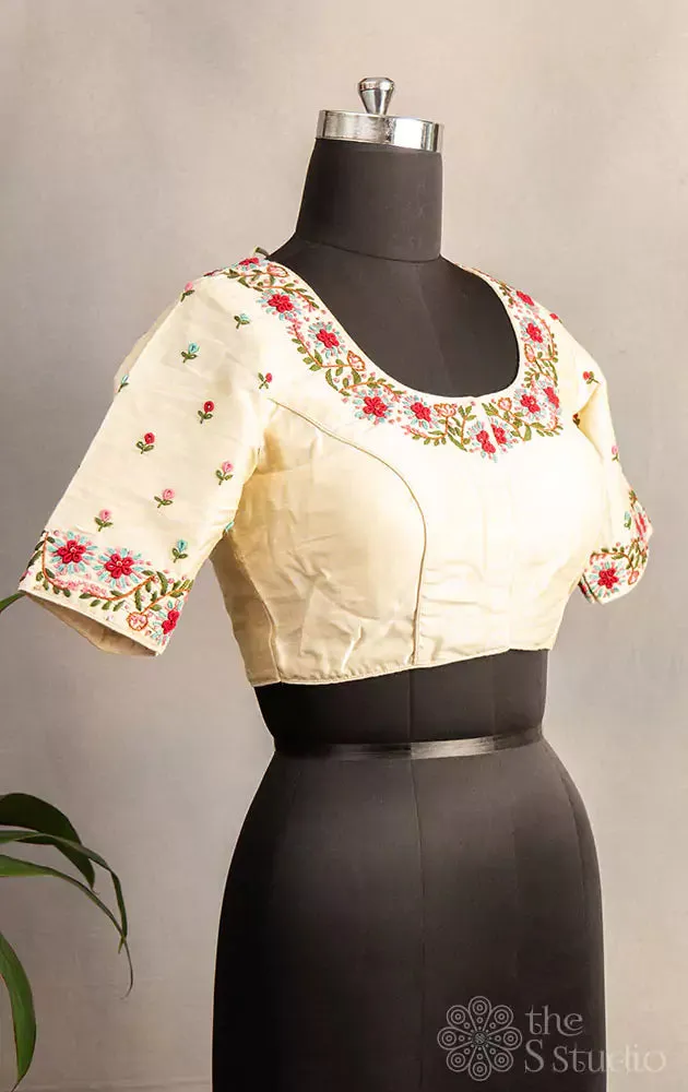 White hand  embroidered raw silk blouse with neck pattern