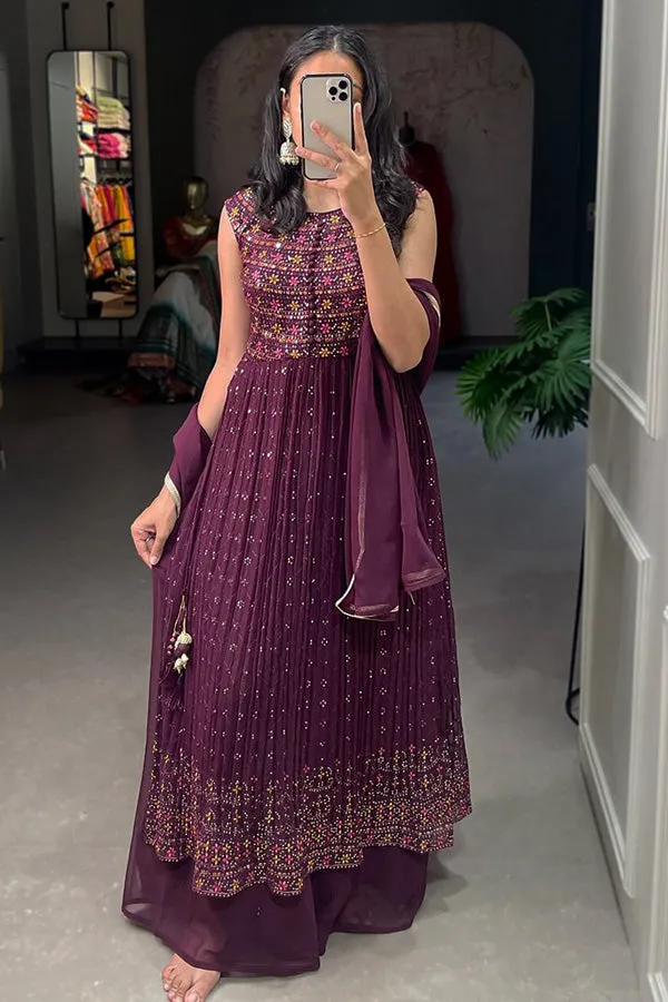 Wine Color Kurti Palazzo Set With Dupatta For Rakhi