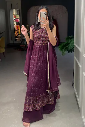 Wine Color Kurti Palazzo Set With Dupatta For Rakhi