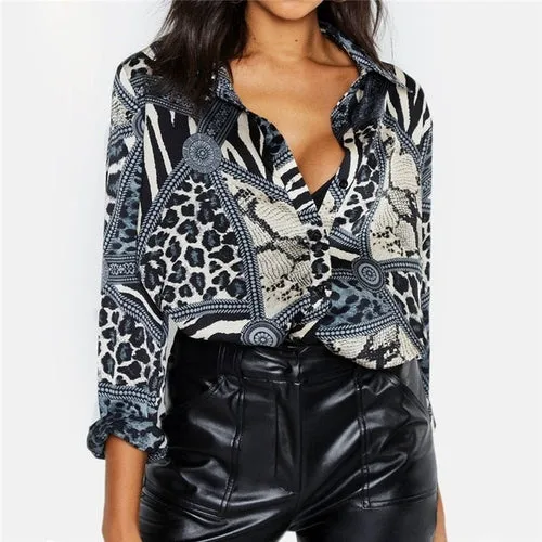 Women Blouses Sexy Leopard Blouse Shirt Long