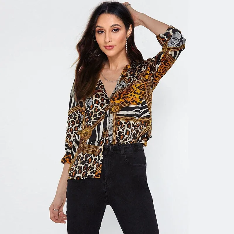 Women Blouses Sexy Leopard Blouse Shirt Long