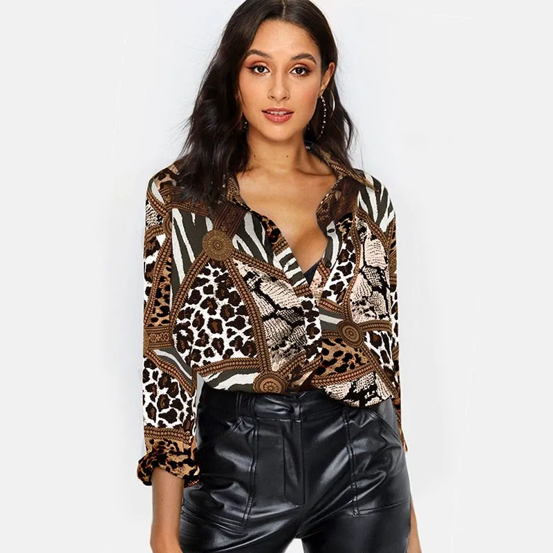 Women Blouses Sexy Leopard Blouse Shirt Long