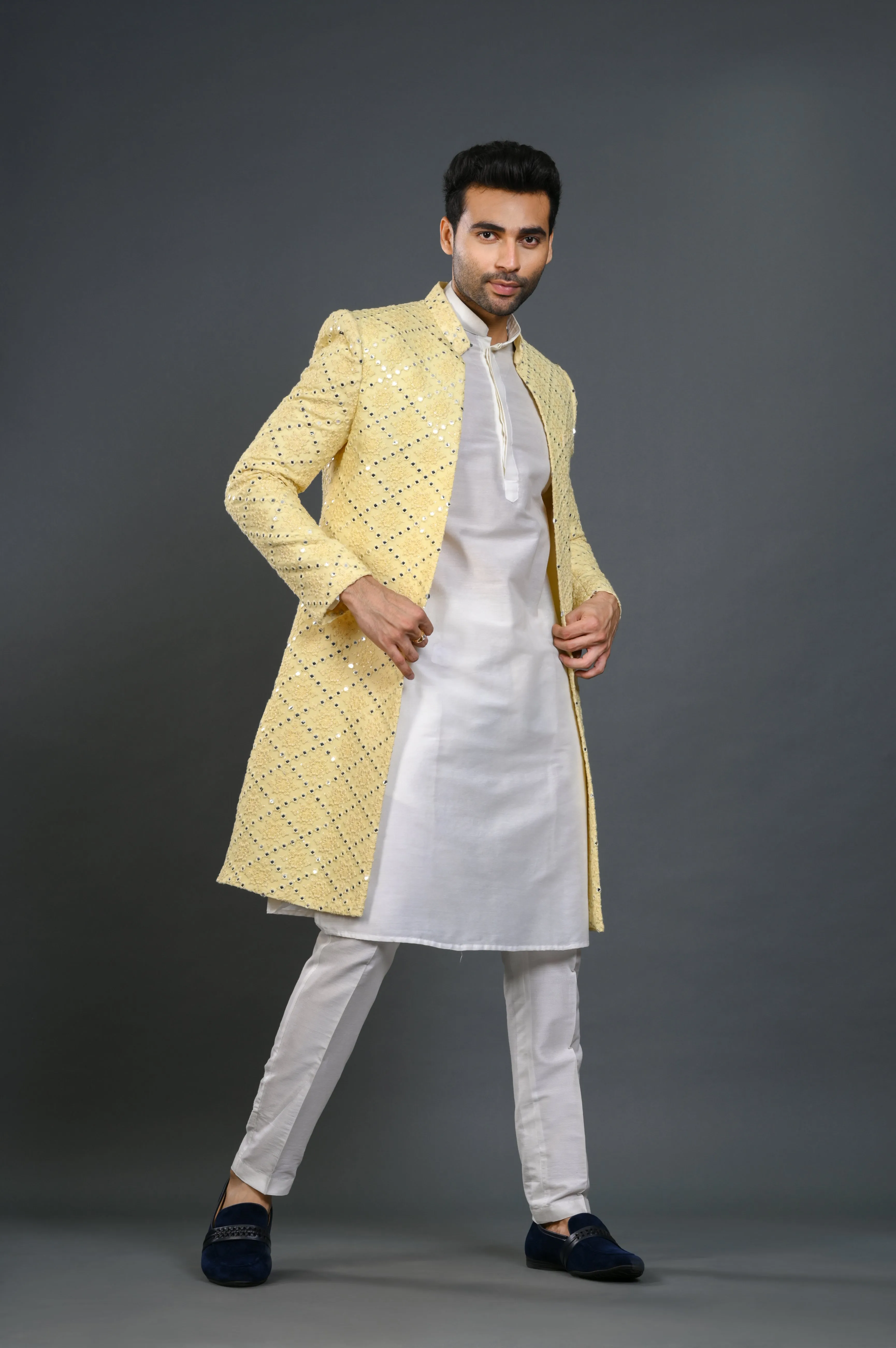 Yellow Lucknowi Indowestern Set With Lucknowi Embroidery & Mirror Work